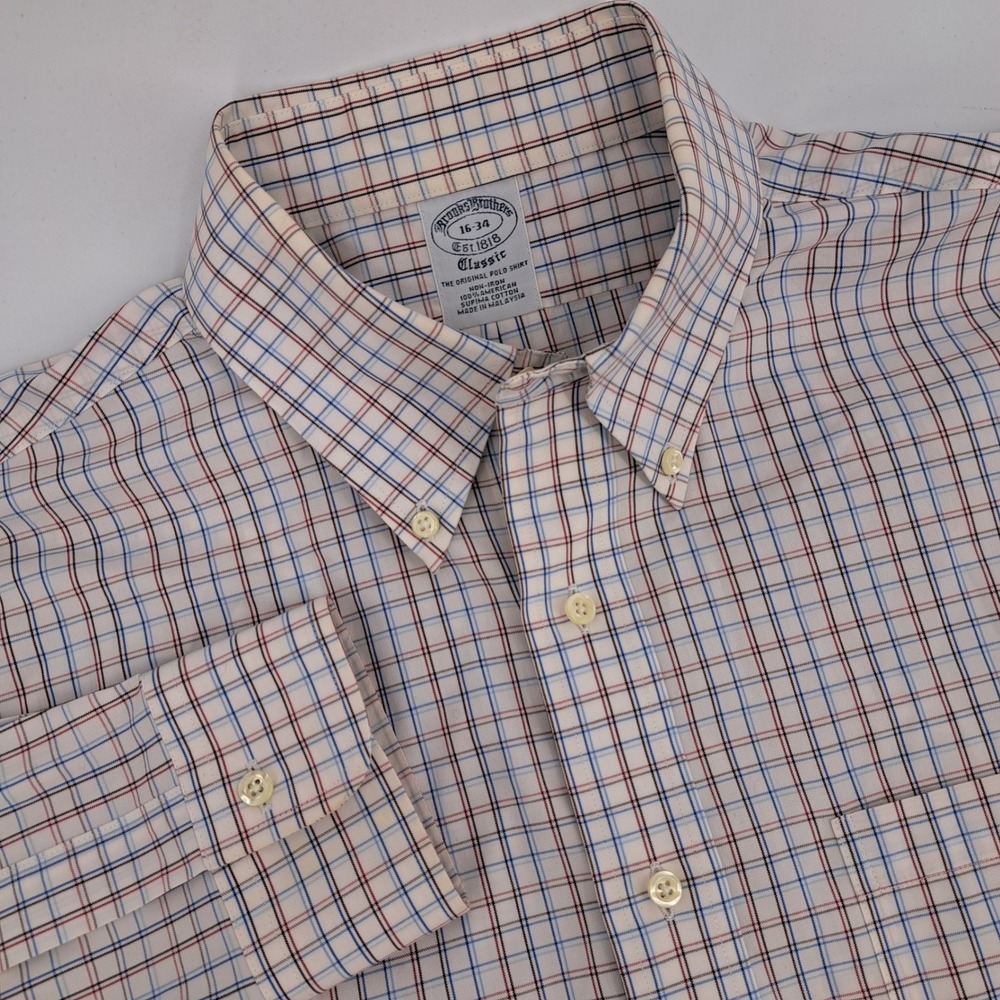 Brooks Brothers Men's Button Down Shirt 16 34 Plaid Non Iron Supima Cotton